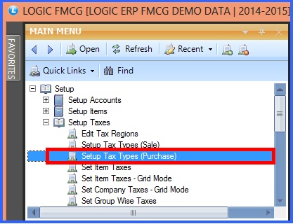 fmcg setup tax types purchase menu